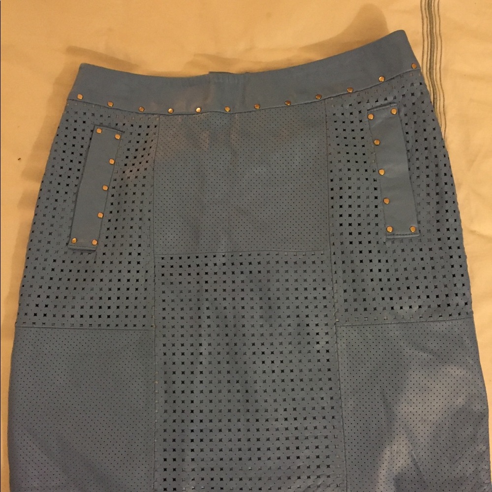 Etcetera blue leather skirt with gold accents NWT